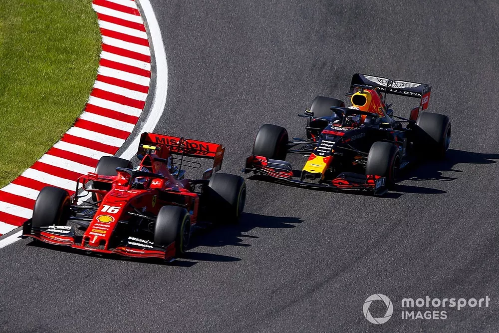 Charles Leclerc, Ferrari SF90 and Max Verstappen, Red Bull Racing RB15 battle 