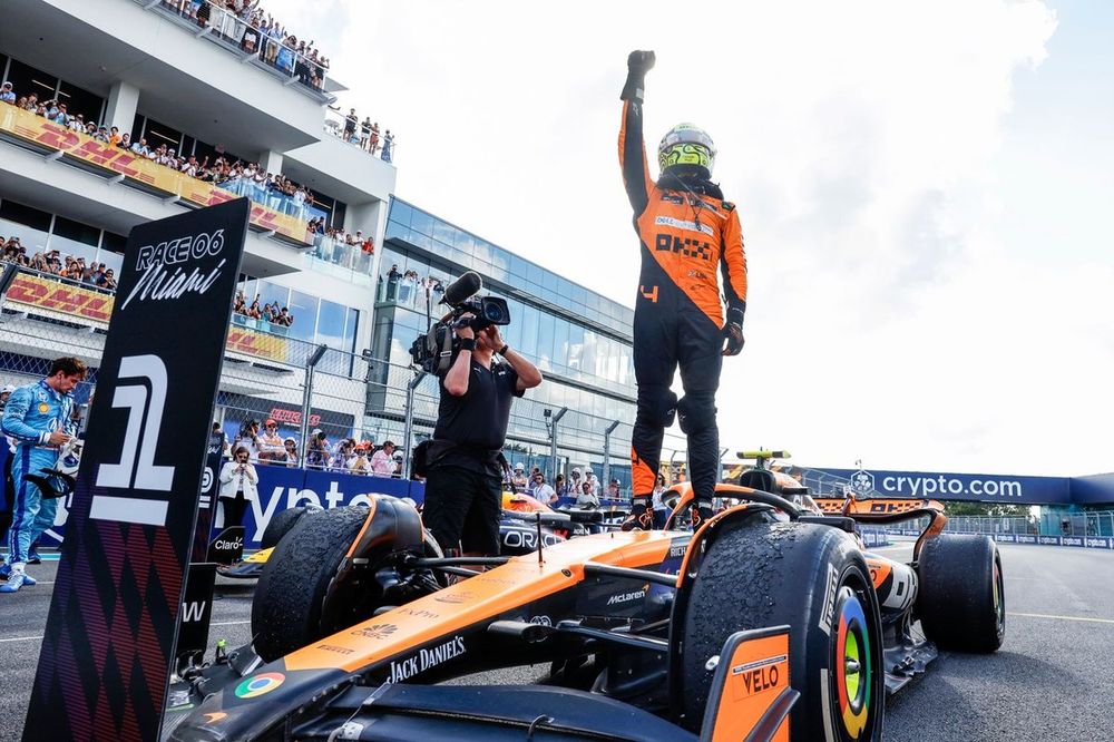 Lando Norris, McLaren F1 Team, 1st position, celebrates his maiden win in Parc Ferme 