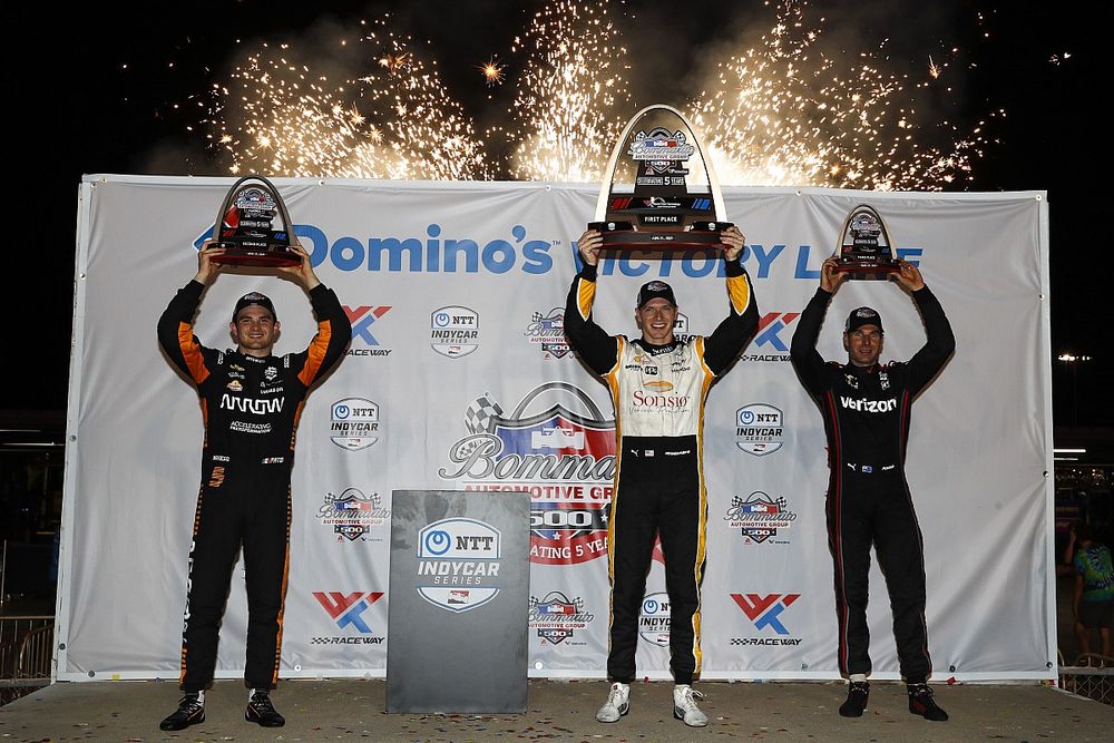 Josef Newgarden, Team Penske Chevrolet, Victory Lane, Patricio O'Ward, Arrow McLaren SP Chevrolet, Will Power, Team Penske Chevrolet