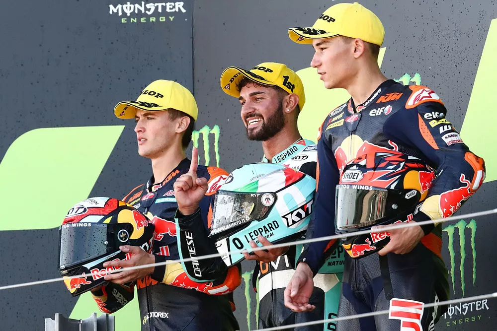 Dennis Foggia, Leopard Racing, Jaume Masia, Red Bull KTM Ajo, Deniz Oncu, Red Bull KTM Tech3 podium