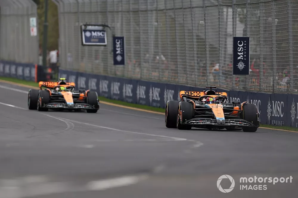 Oscar Piastri, McLaren MCL60, leads Lando Norris, McLaren MCL60