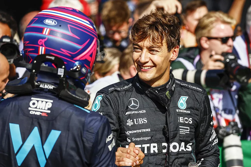 Alex Albon, Williams Racing, George Russell, Mercedes-AMG, congratulate each other in Parc Ferme after Qualifying