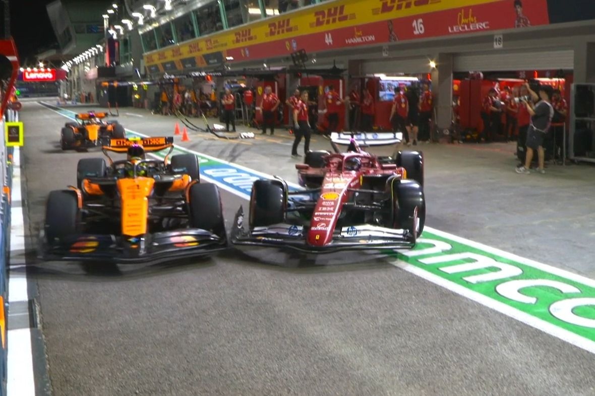 Vídeo: increíble accidente en el pitlane entre Norris y Leclerc 