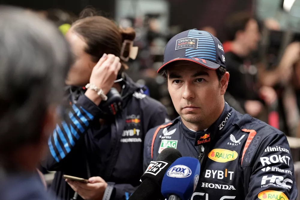 Sergio Perez, Red Bull Racing, talks to the media 