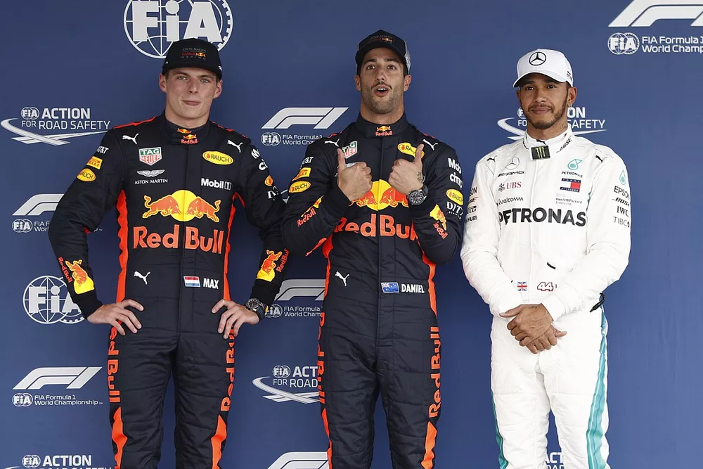Top three Qualifiers, second placed Max Verstappen, Red Bull Racing, pole man Daniel Ricciardo, Red Bull Racing, and Lewis Hamilton, Mercedes AMG F1