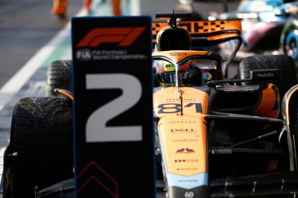 Oscar Piastri, McLaren MCL60, 2nd position, arrives in Parc Ferme after the Sprint