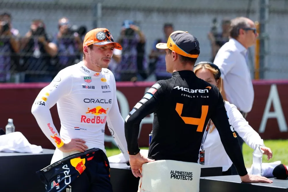 Max Verstappen, Red Bull Racing, 1st position, Lando Norris, McLaren F1 Team, 3rd position, talk after the Sprint