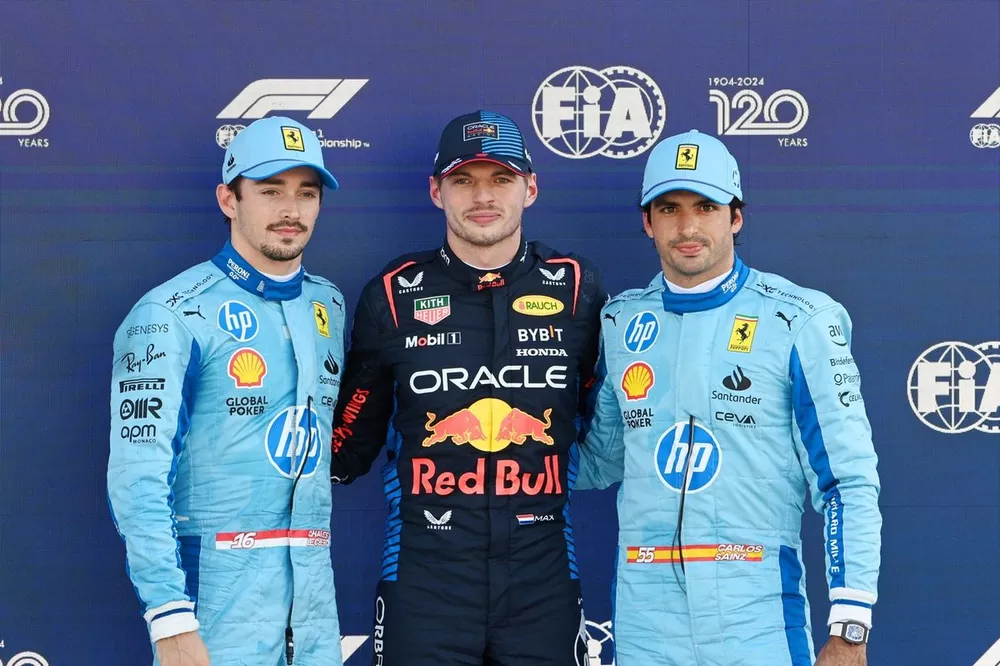 Top three qualifiers Charles Leclerc, Scuderia Ferrari, pole man Max Verstappen, Red Bull Racing, Carlos Sainz, Scuderia Ferrari