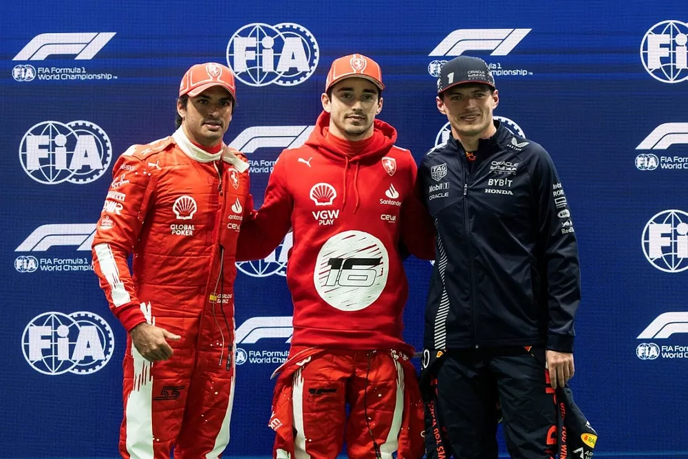 Charles Leclerc, Scuderia Ferrari recieves Pirelli Pole Award with Carlos Sainz, Scuderia Ferrari and Max Verstappen, Red Bull Racing