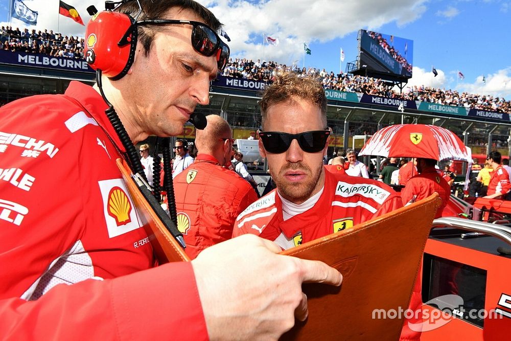 Sebastian Vettel, Ferrari and Riccardo Adami, Ferrari Race Engineer on the grid