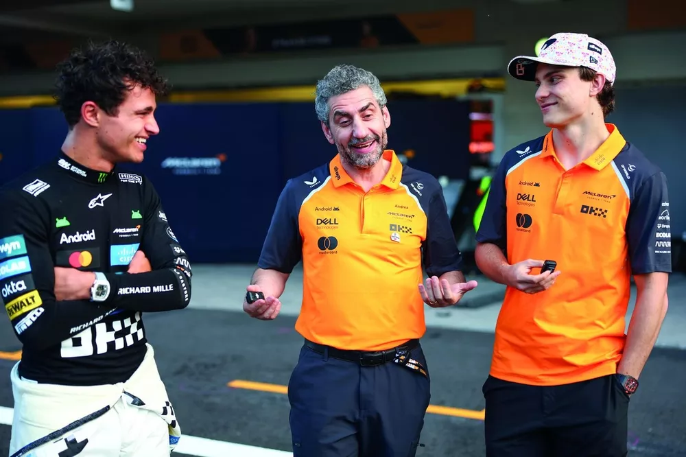 Lando Norris, McLaren, Andrea Stella, Team Principal of McLaren and Oscar Piastri, McLaren