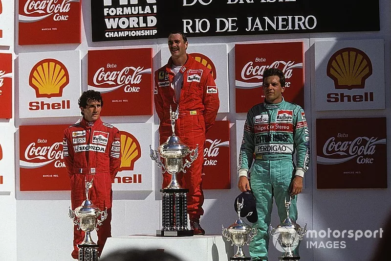 Podium: Racewinner Nigel Mansell, Ferrari, second place Alain Prost, McLaren, third place Mauricio Gugelmin, March