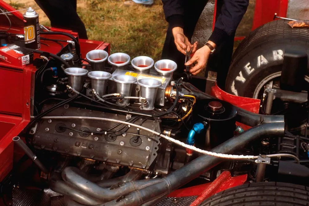 A Ford DFV V8 engine in the back of a Brabham BT49