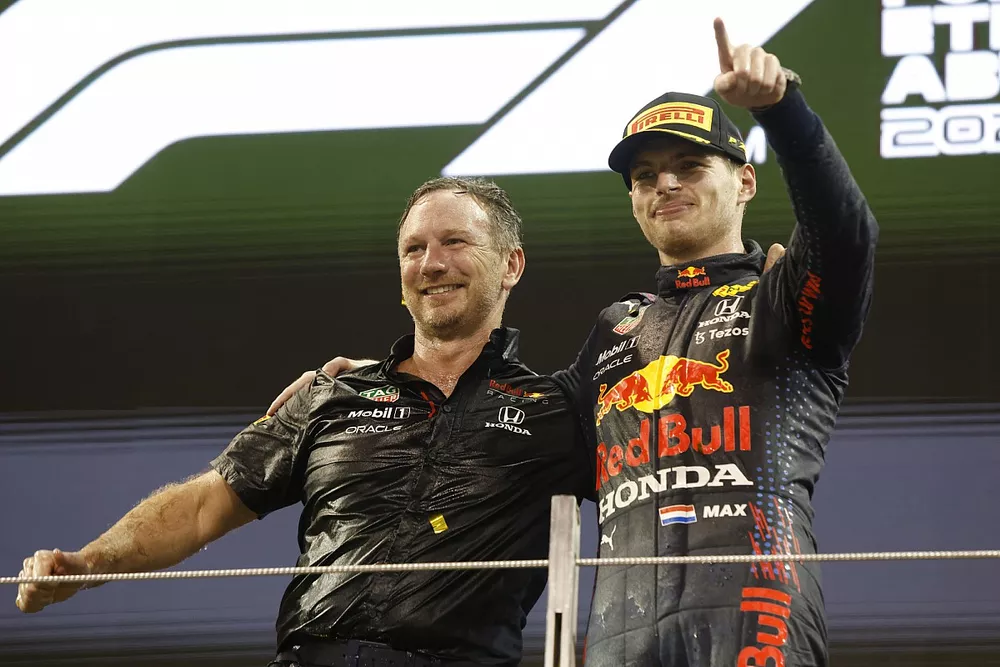 Christian Horner, Team Principal, Red Bull Racing, Max Verstappen, Red Bull Racing, 1st position, on the podium