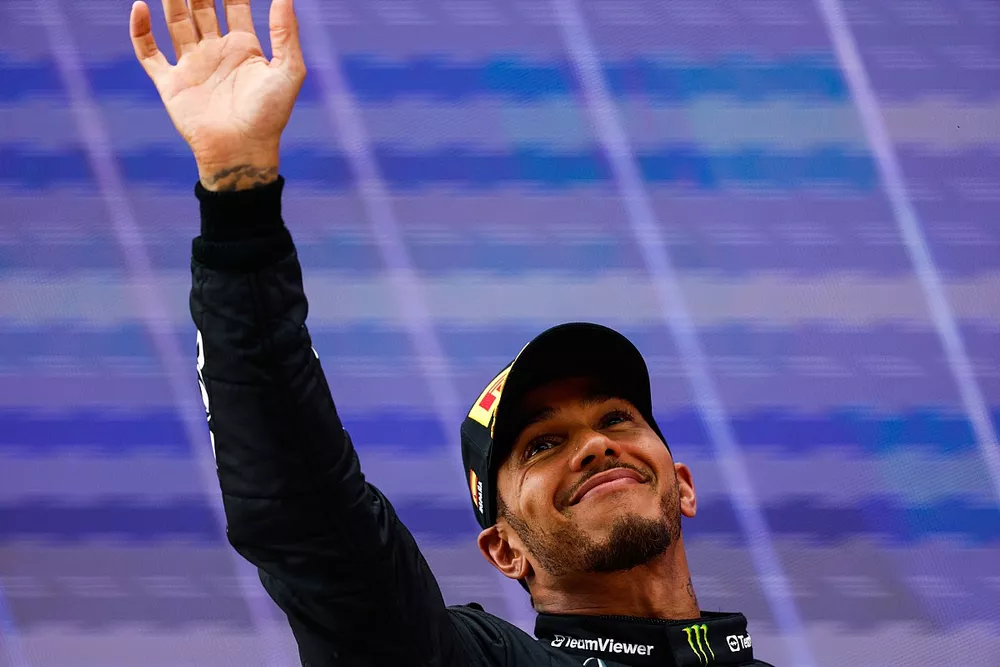 Lewis Hamilton, Mercedes-AMG, 2nd position, on the podium