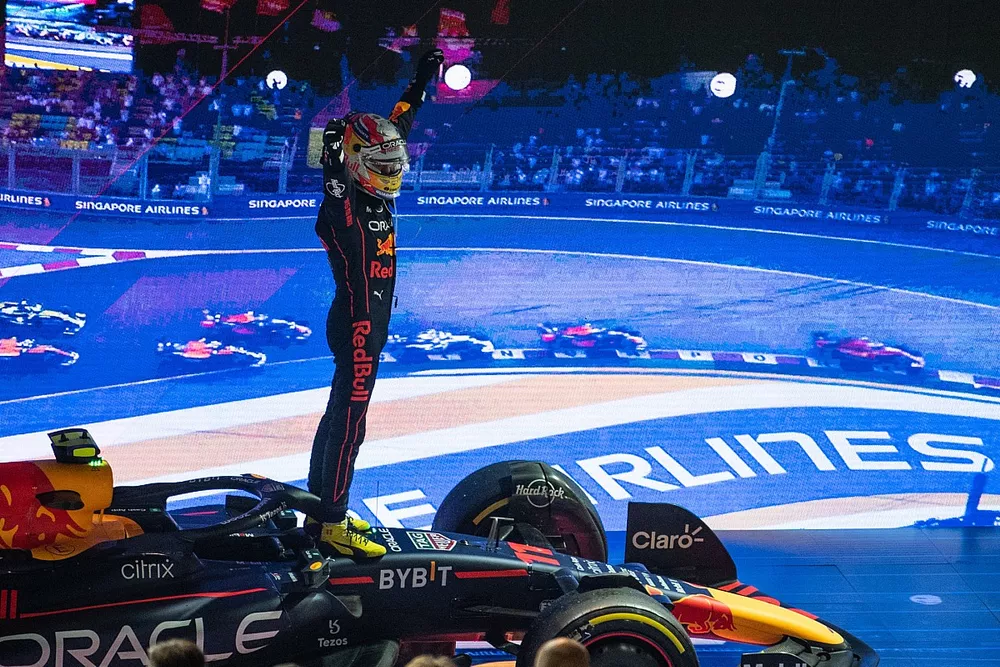 Sergio Perez, Red Bull Racing, 1st position, in Parc Ferme