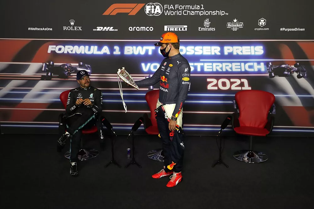 Valtteri Bottas, Mercedes, 2nd position, and Max Verstappen, Red Bull Racing, 1st position, in the Press Conference