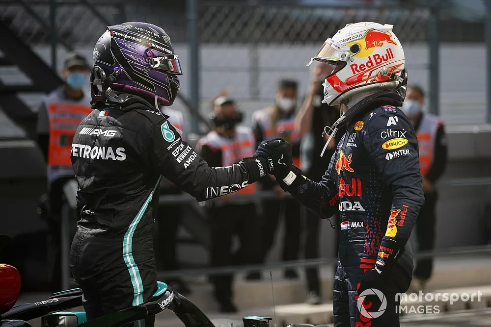 Max Verstappen, Red Bull Racing, 2nd position, congratulates Lewis Hamilton, Mercedes, 1st position, in Parc Ferme