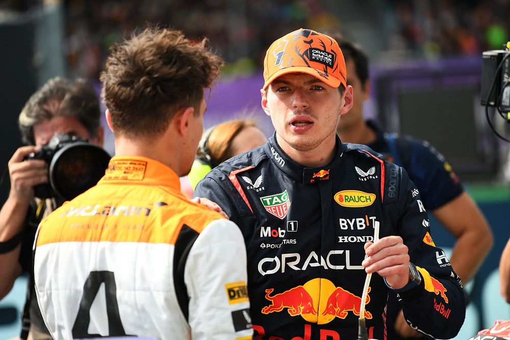 Lando Norris, McLaren, pole man Max Verstappen, Red Bull Racing, talk in Parc Ferme after Qualifying