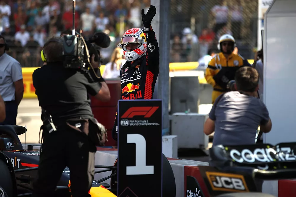 Pole man Max Verstappen, Red Bull Racing, celebrates in Parc Ferme