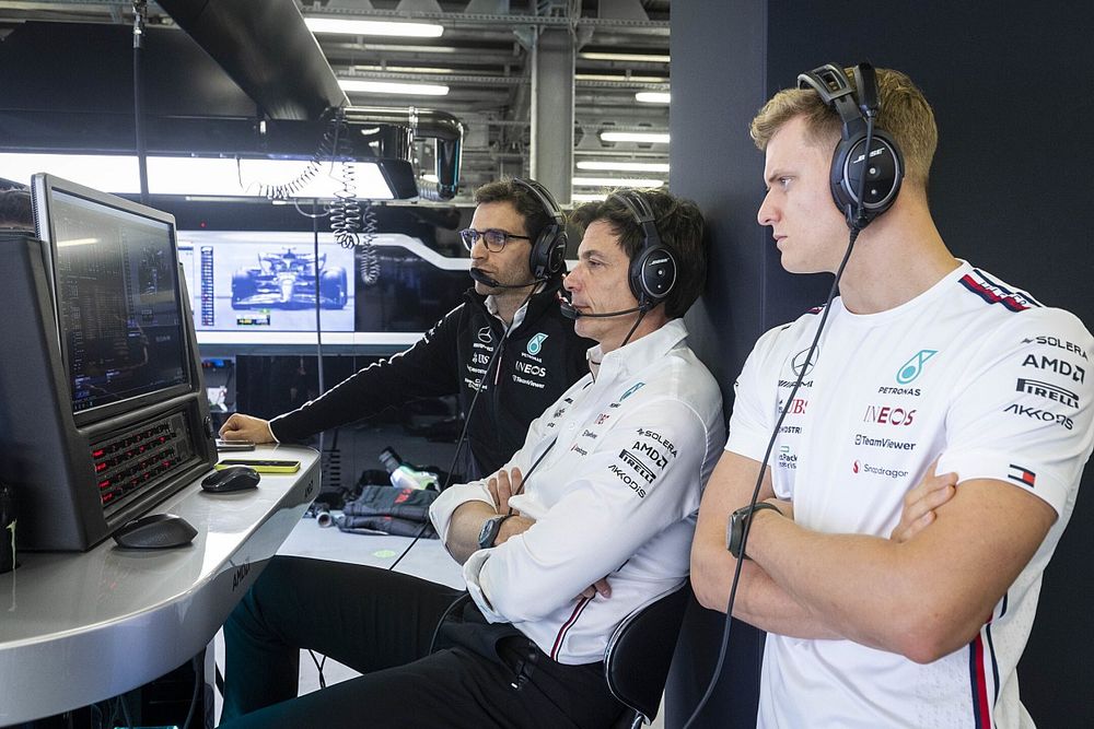 Mick Schumacher, Reserve Driver, Mercedes-AMG, with Jerome d'Ambrosio, Driver Development Director, Mercedes-AMG, Toto Wolff, Team Principal and CEO, Mercedes-AMG