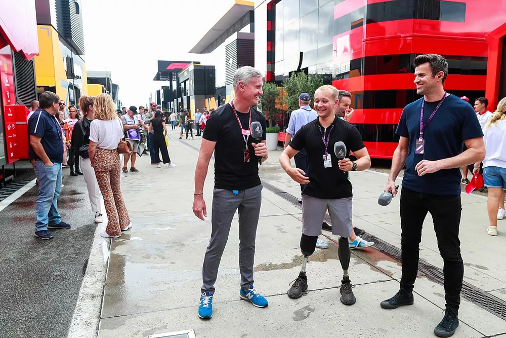 Channel 4 presenters David Coulthard, TV presenter, Billy Monger and Alex Jones
