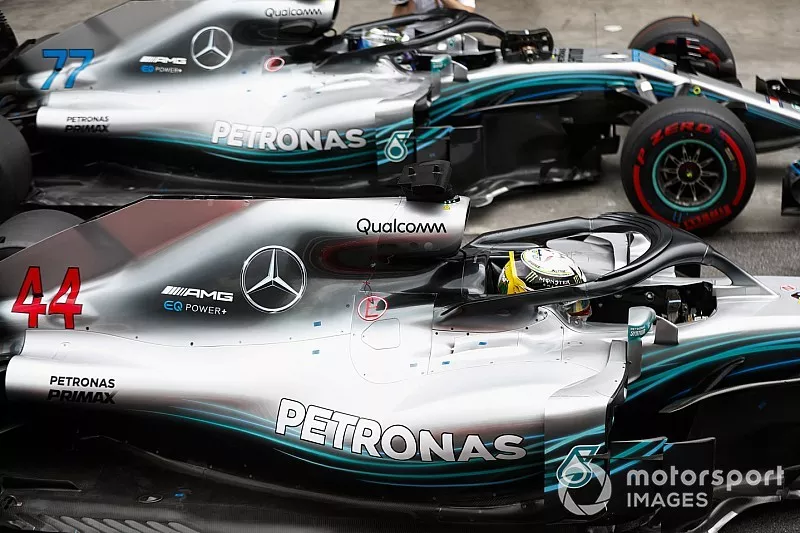 Lewis Hamilton, Mercedes AMG F1, celebrates pole position  in parc ferme alongside Valtteri Bottas, Mercedes AMG F1 W09.