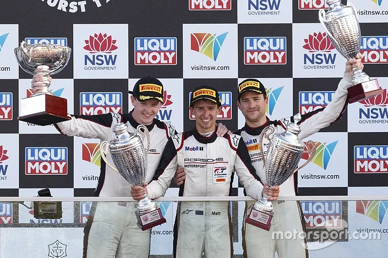 Podium: race winners Dirk Werner, Dennis Olsen, Matt Campbell, EBM Porsche
