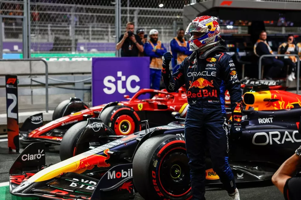 Pole man Max Verstappen, Red Bull Racing, celebrates in Parc Ferme 