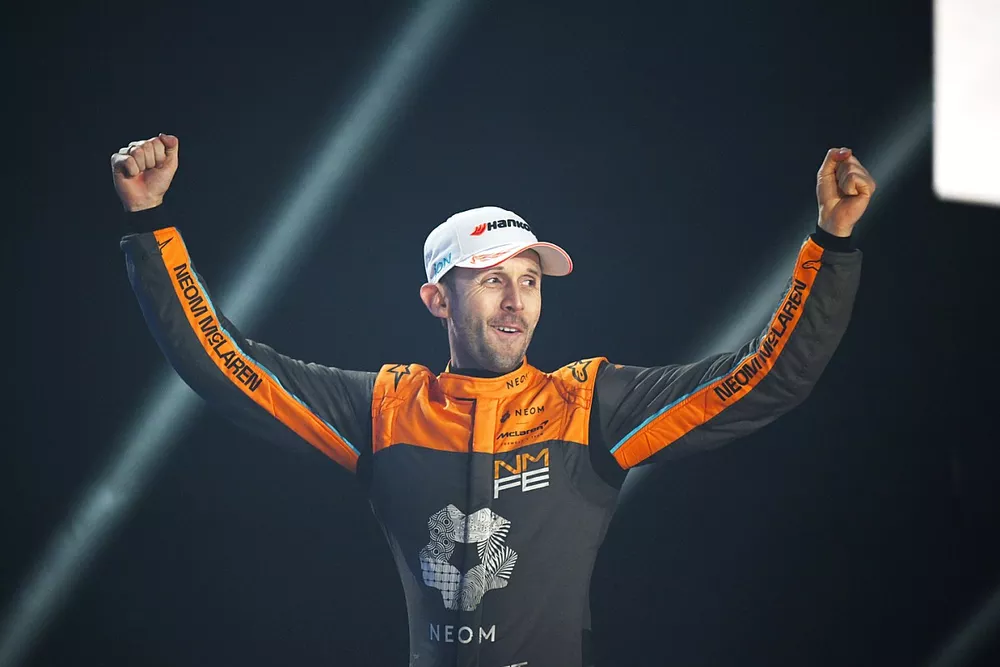 Rene Rast, NEOM McLaren Formula E Team, 3rd position, celebrates on the podium