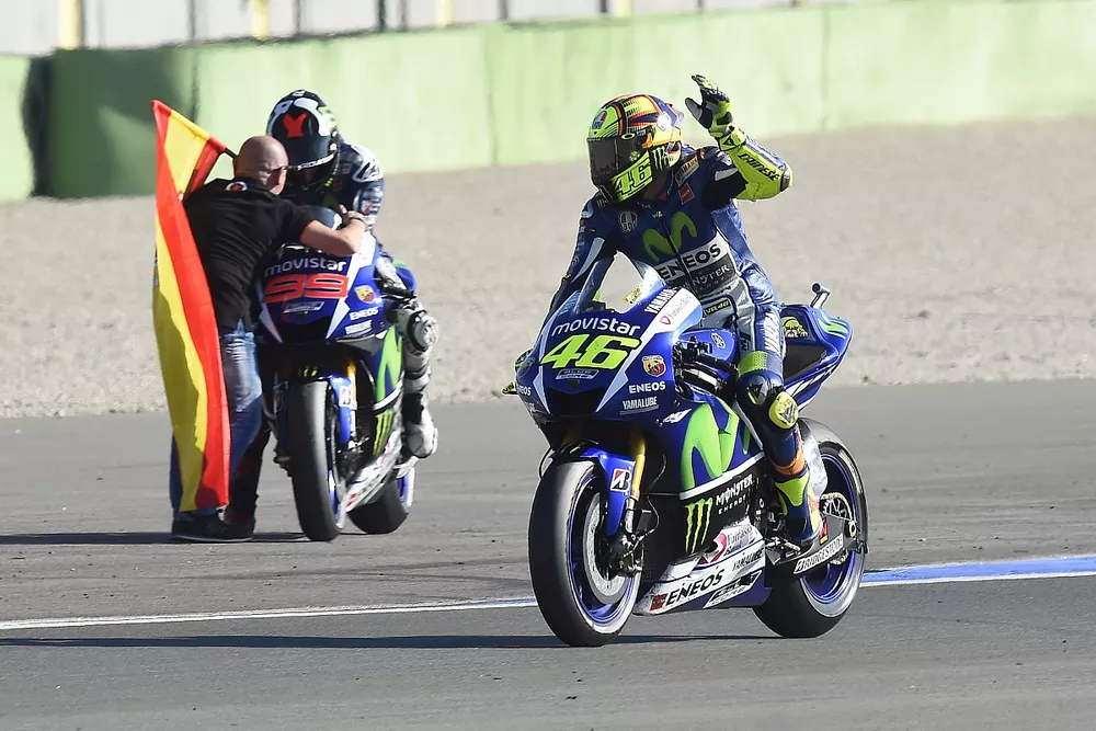Valentino Rossi, Yamaha Factory Racing and winner and 2015 World Champion Jorge Lorenzo, Yamaha