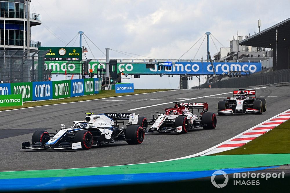 Nicholas Latifi, Williams FW43, Kimi Raikkonen, Alfa Romeo Racing C39, and Romain Grosjean, Haas VF-20