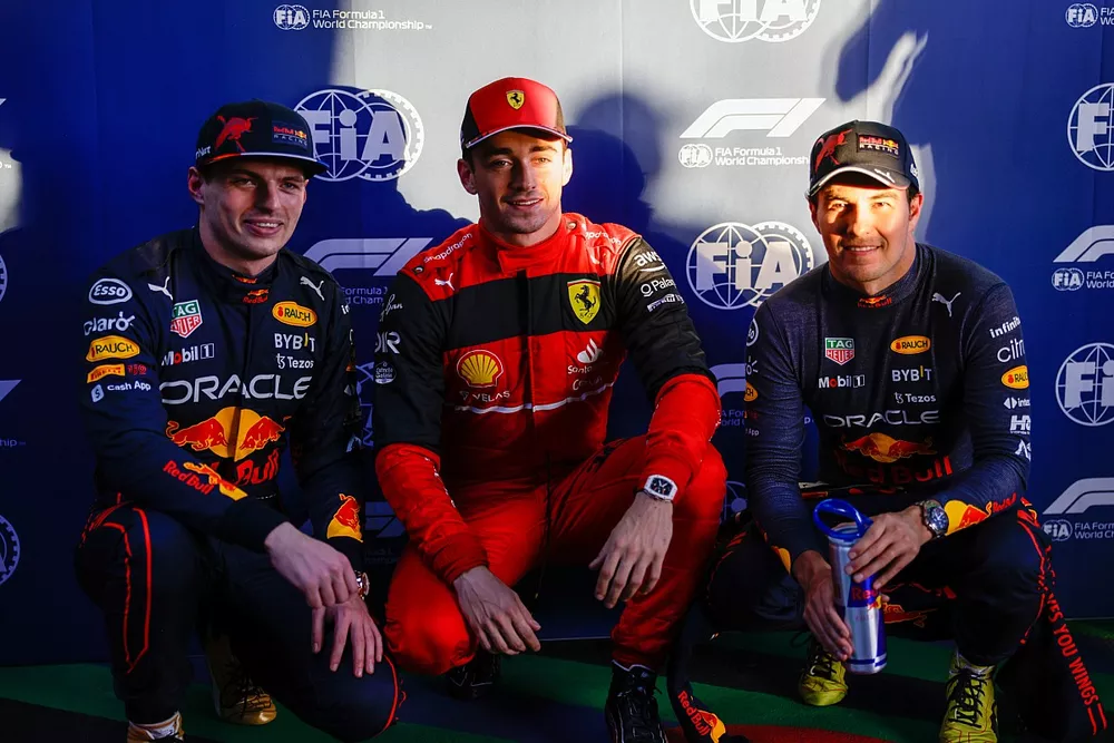 Pole man Charles Leclerc, Ferrari, with Max Verstappen, Red Bull Racing and Sergio Perez, Red Bull Racing 