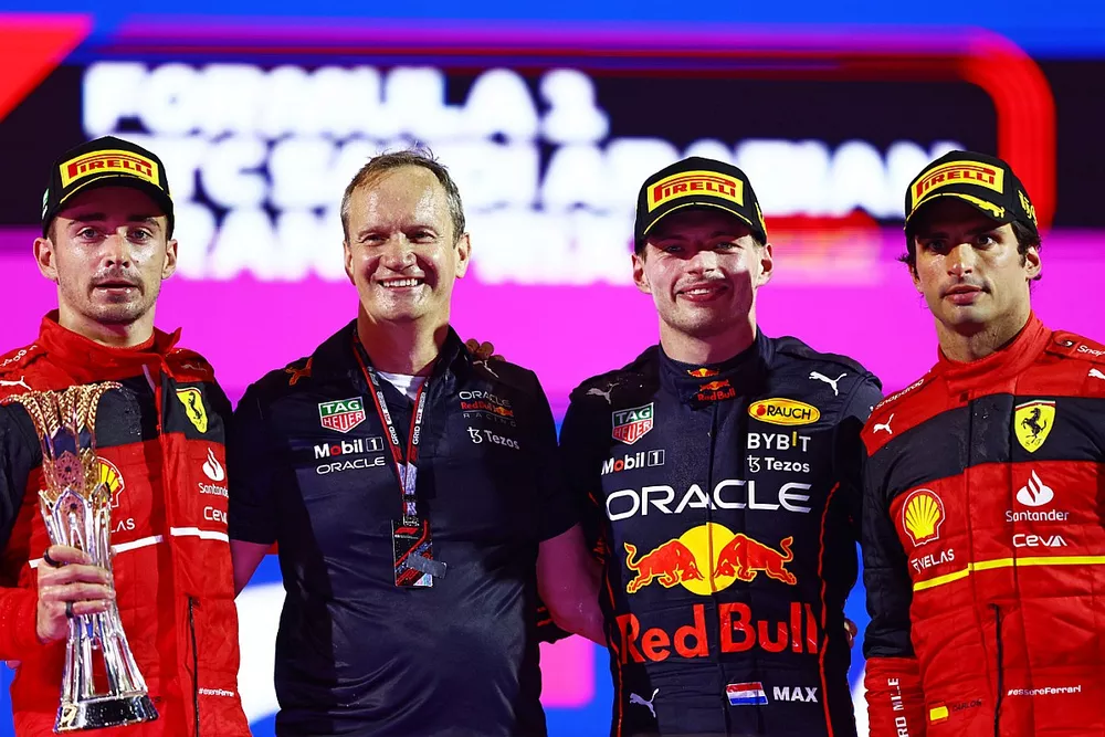 Podium: race winner Max Verstappen, Red Bull Racing, second place Charles Leclerc, Ferrari, third place Carlos Sainz Jr., Ferrari and Paul Monaghan, Red Bull Racing Head of Car Engineering 