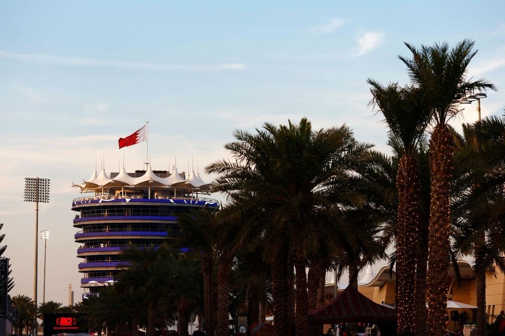 Palmeras y bandera de Bahr&eacute;in