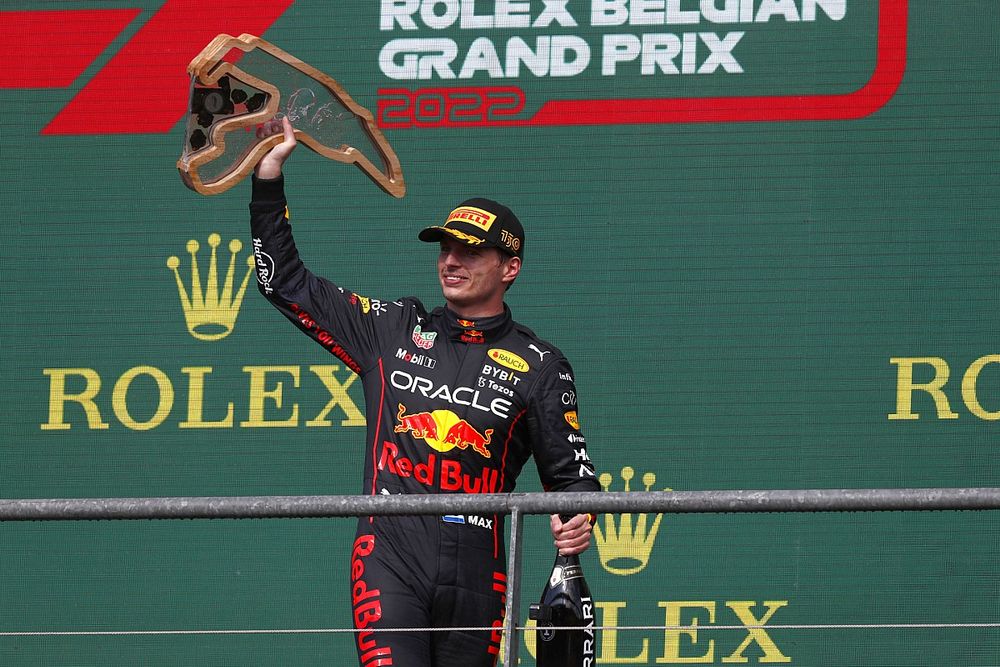 Max Verstappen, Red Bull Racing, 1st position, with his trophy