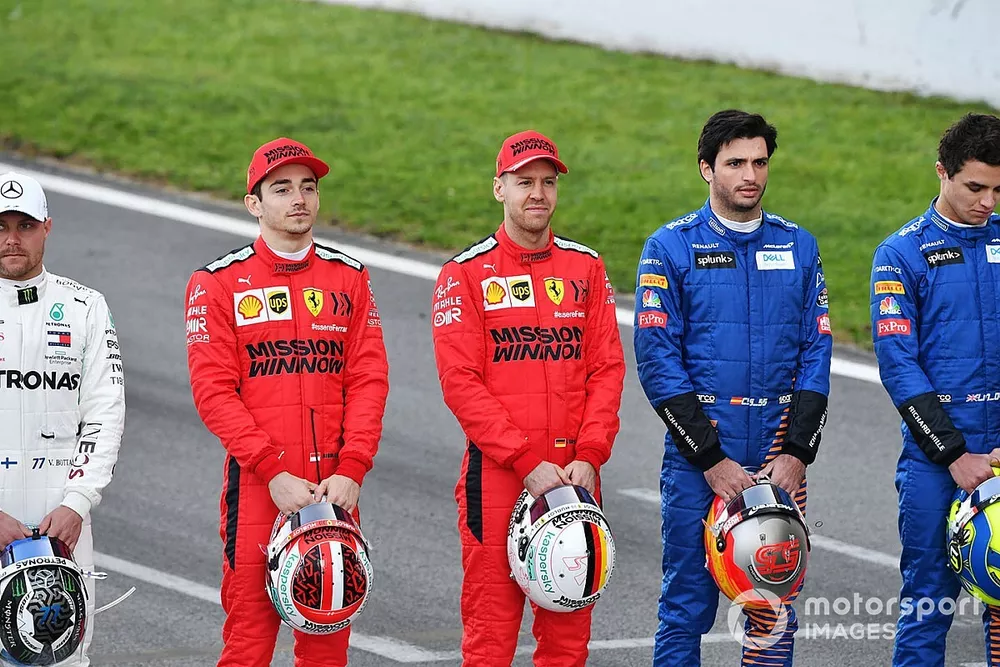 Charles Leclerc, Ferrari, Sebastian Vettel, Ferrari and Carlos Sainz, McLaren 