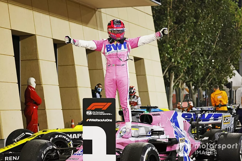Sergio Perez, Racing Point, f&ecirc;te dans le parc ferm&eacute;