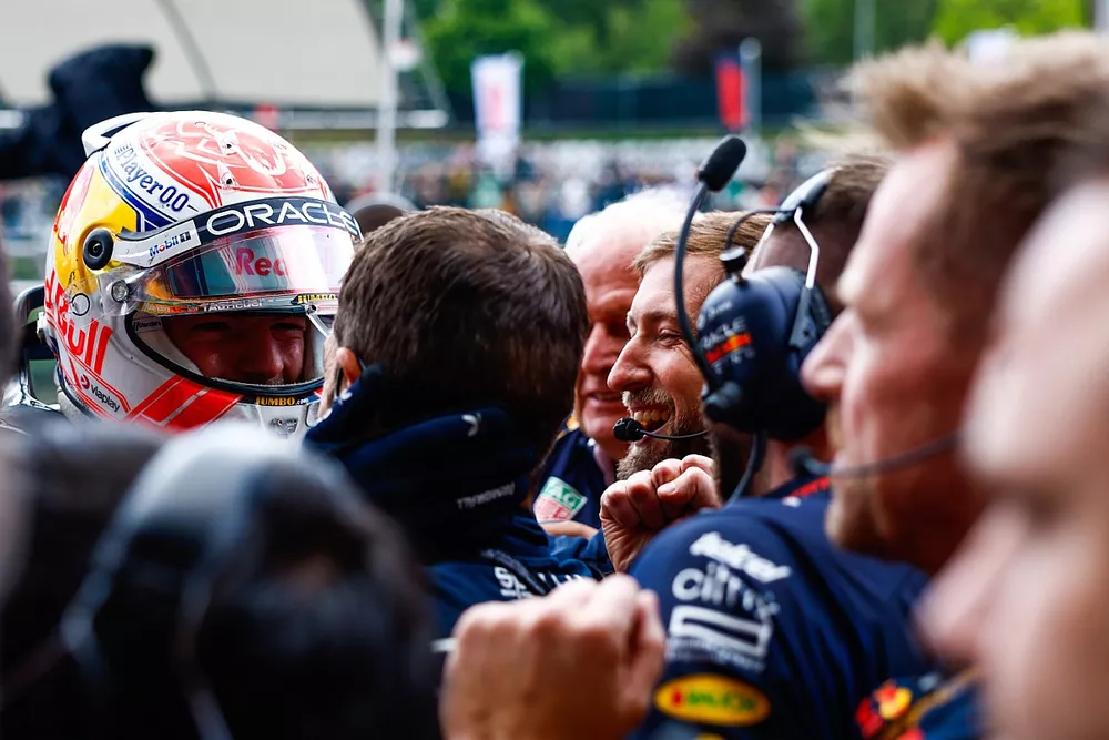 Max Verstappen, Red Bull Racing, 1st position, celebrates on arrival in Parc Ferme