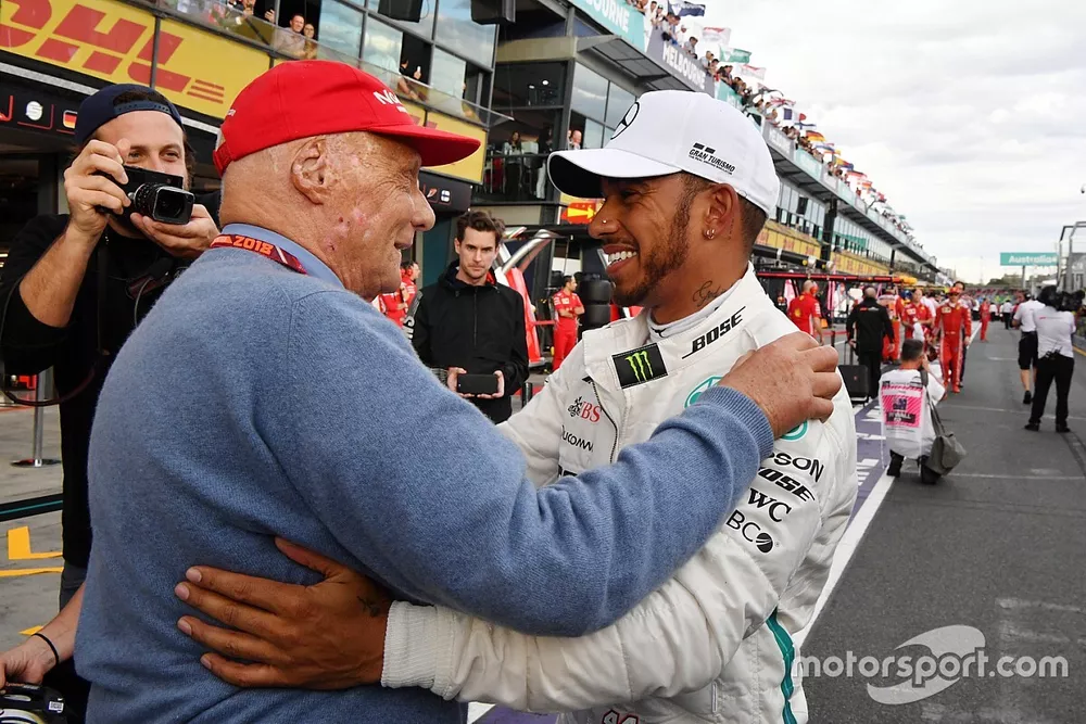 Pole sitter Lewis Hamilton, Mercedes-AMG F1 celebrates in parc ferme with Niki Lauda, Mercedes AMG F