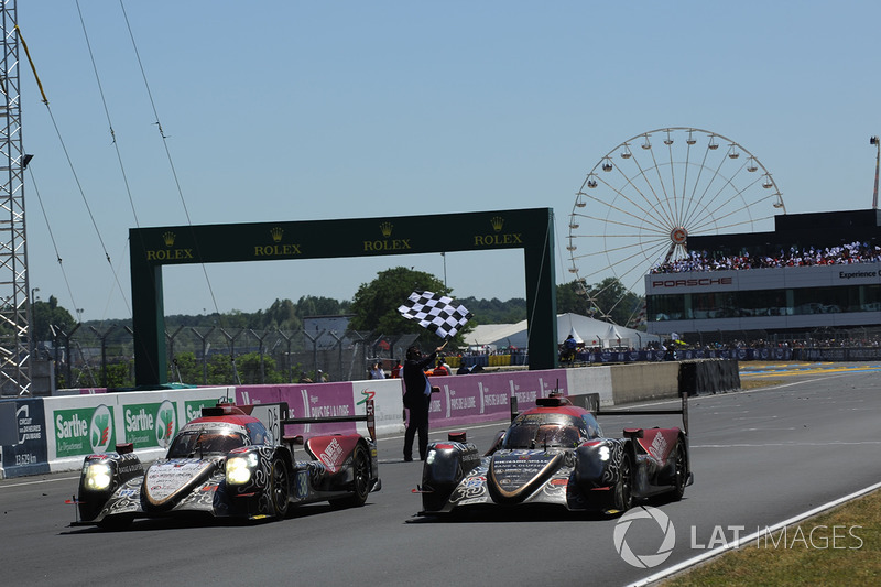 Checkered flag for #37 DC Racing Oreca 07 Gibson: David Cheng, Alex Brundle, Tristan Gommendy and #3