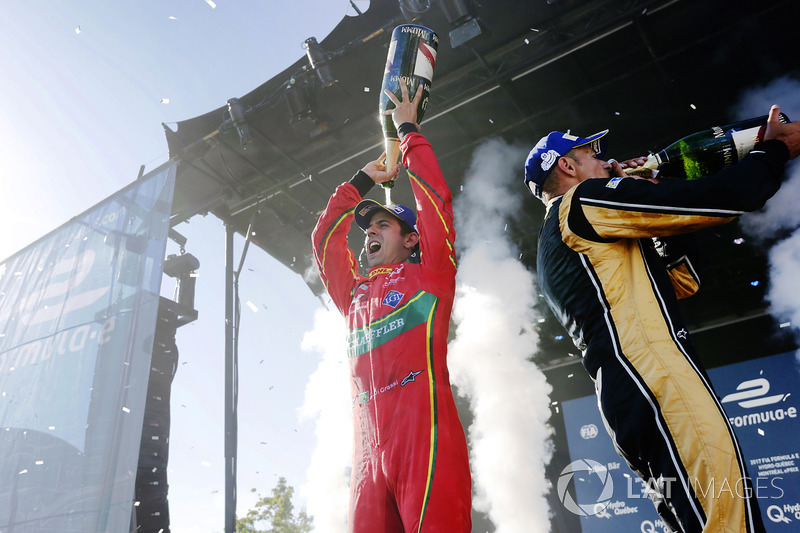 Lucas di Grassi, ABT Schaeffler Audi Sport, and Stéphane Sarrazin, Techeetah, celebrate on the podiu