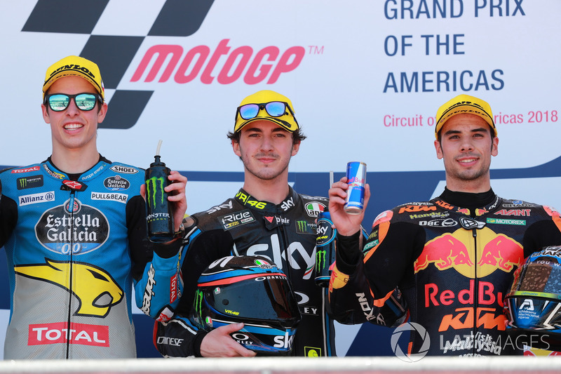 Podium: second place Alex Marquez, Marc VDS, Race winner  Francesco Bagnaia, Sky Racing Team VR46, third place Miguel Oliveira, Red Bull KTM Ajo