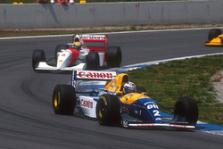 Alain Prost, Williams FW15C Renault, 1st position followed by Ayrton Senna, McLaren MP4/8 Ford