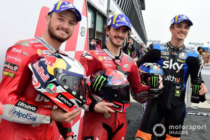 Top3: Ganador de la pole Francesco Bagnaia, Ducati Team,  segundo Jack Miller, Ducati Team, tercero Luca Marini, Esponsorama Racing