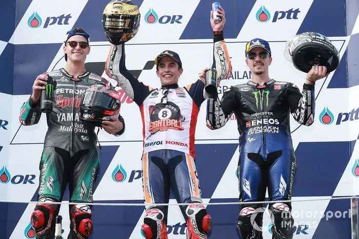 Podio: 1º Marc Márquez, 2º Fabio Quartararo, 3º Maverick Viñales