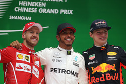 Sebastian Vettel, Ferrari Lewis Hamilton, Mercedes AMG, and Max Verstappen, Red Bull Racing, on the podium