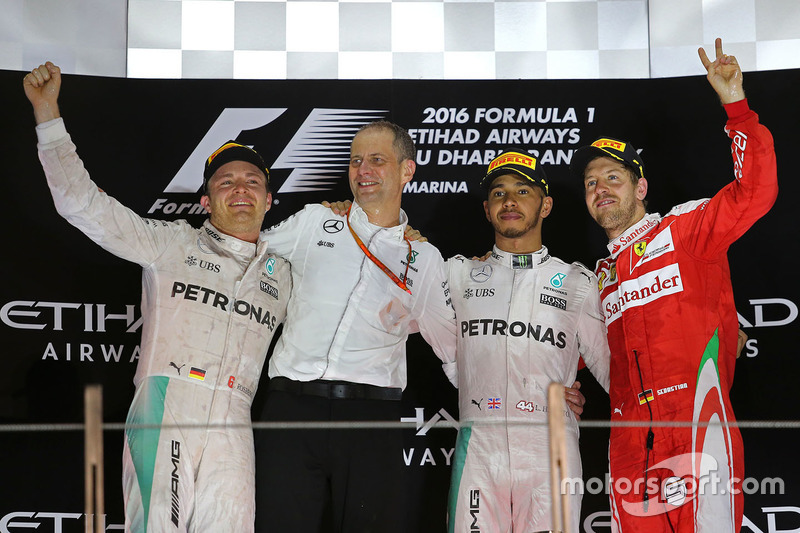 Race winner Lewis Hamilton, Mercedes AMG F1, second place Nico Rosberg, Mercedes AMG F1 , third place Sebastian Vettel, Ferrari