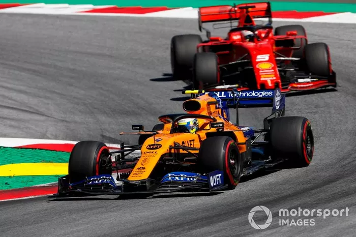 Lando Norris, McLaren MCL34, Sebastian Vettel, Ferrari SF90