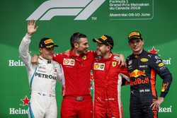 Valtteri Bottas, Mercedes AMG F1, 2nd position, Nicola Bariselli, Race Engineer, Ferrari, Sebastian Vettel, Ferrari, 1st position, and Max Verstappen, Red Bull Racing, 3rd position, on the podium